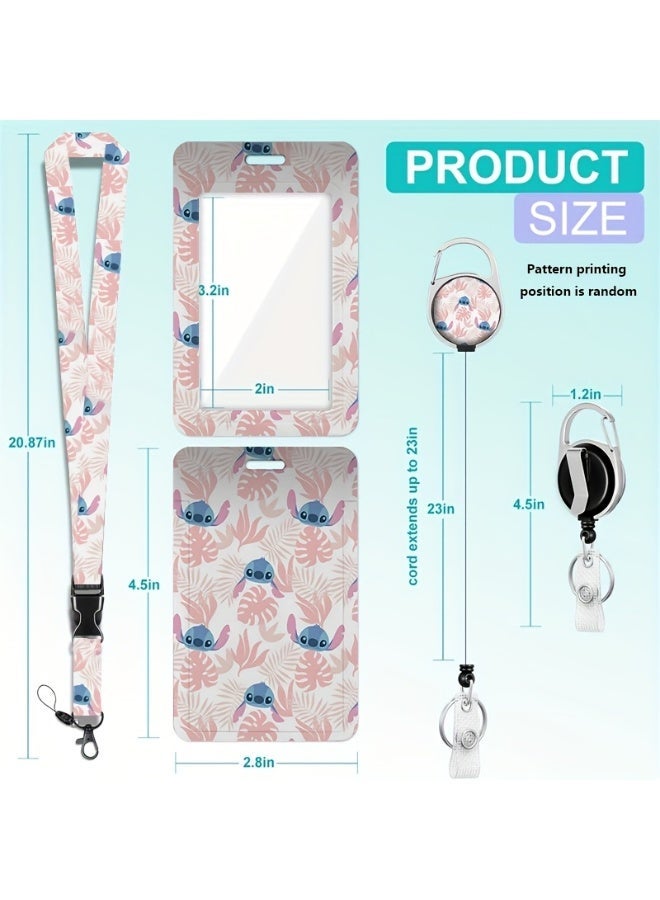 Disney 3-in-1 Disney Pink Cherry Blossom Leaf Stitch Logo Plastic ID Holder with Lanyard, Retractable ID Roller, Keychain and Extension Chain - Suitable for workers, students, bus drivers, doctors, nurses, etc. - Image 3